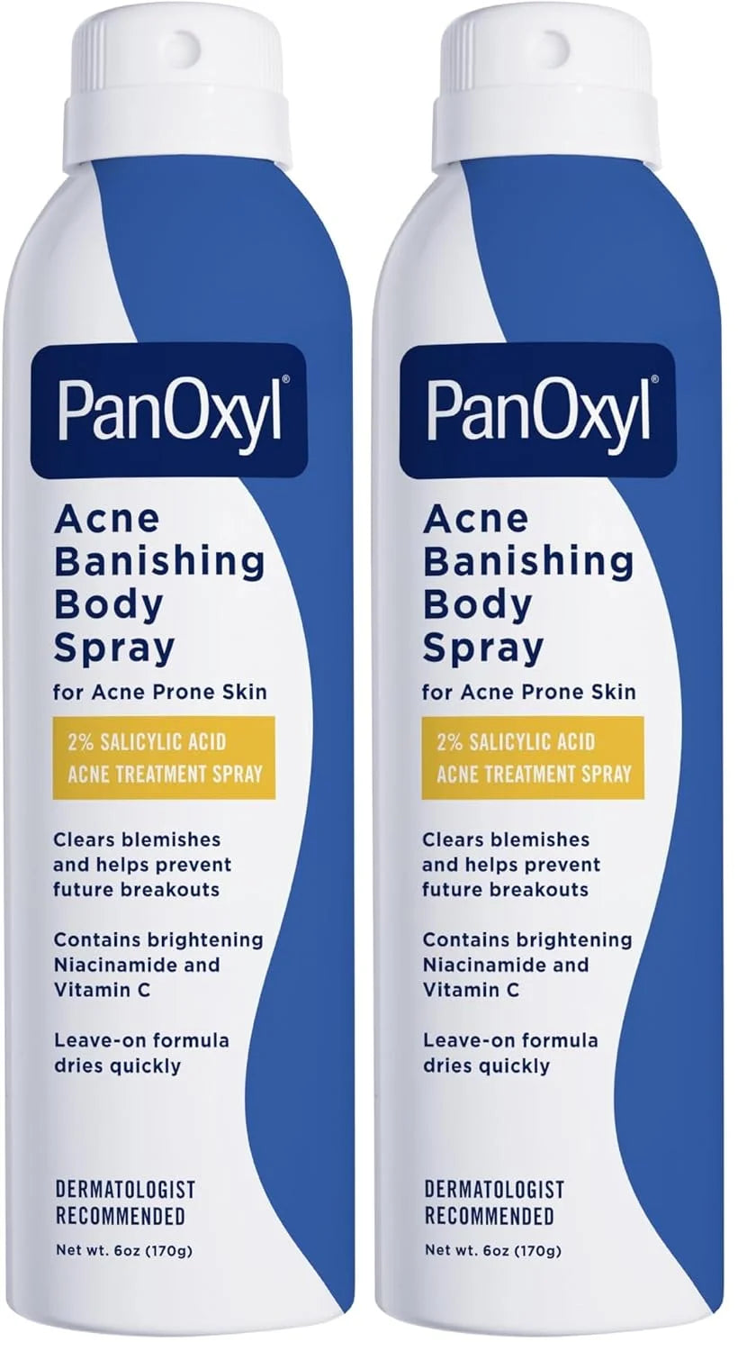 PanOxyl Acne Banishing Body Spray with 2% Salicylic Acid, Pimple Treatment to Clear Stubborn Breakouts, 360-Degree Spray Nozzle, Skin-Brightening Niacinamide, Vitamin C, Witch Hazel, Aloe, 6 Oz